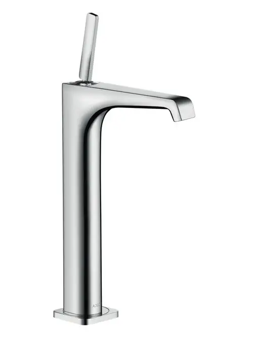Einhebel-Waschtischmischer aus Edelstahl von AXOR mit schmalem Auslauf und seitlichem Hebel zum Regulieren des Wasserflusses. Entwurf für Aufsatzwaschtische.